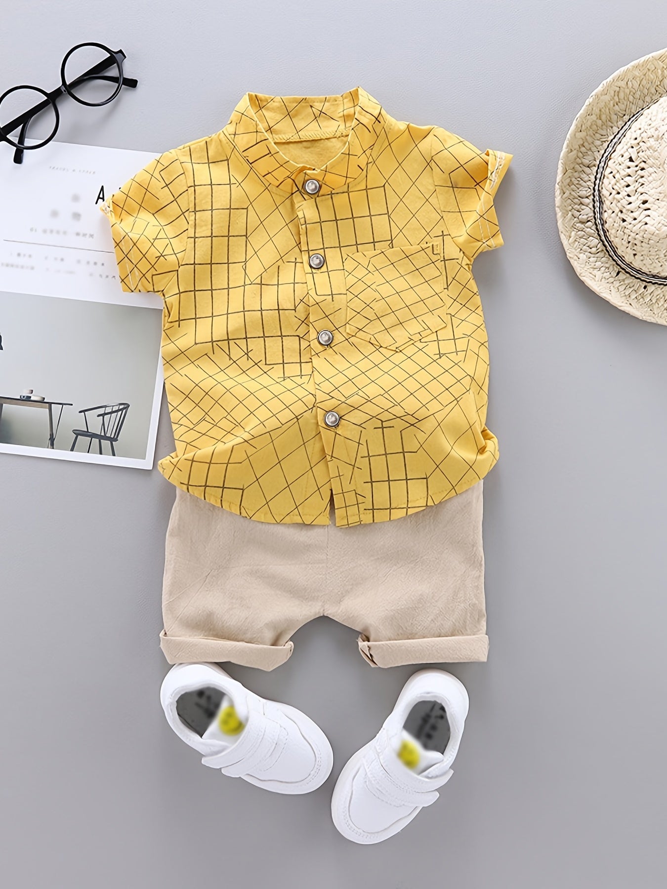2pcs Toddler Dinosaur Print Short Sleeve Shirt & Shorts Set - Boys Summer Clothes, Elastic Waist, Button Front, Short Sets