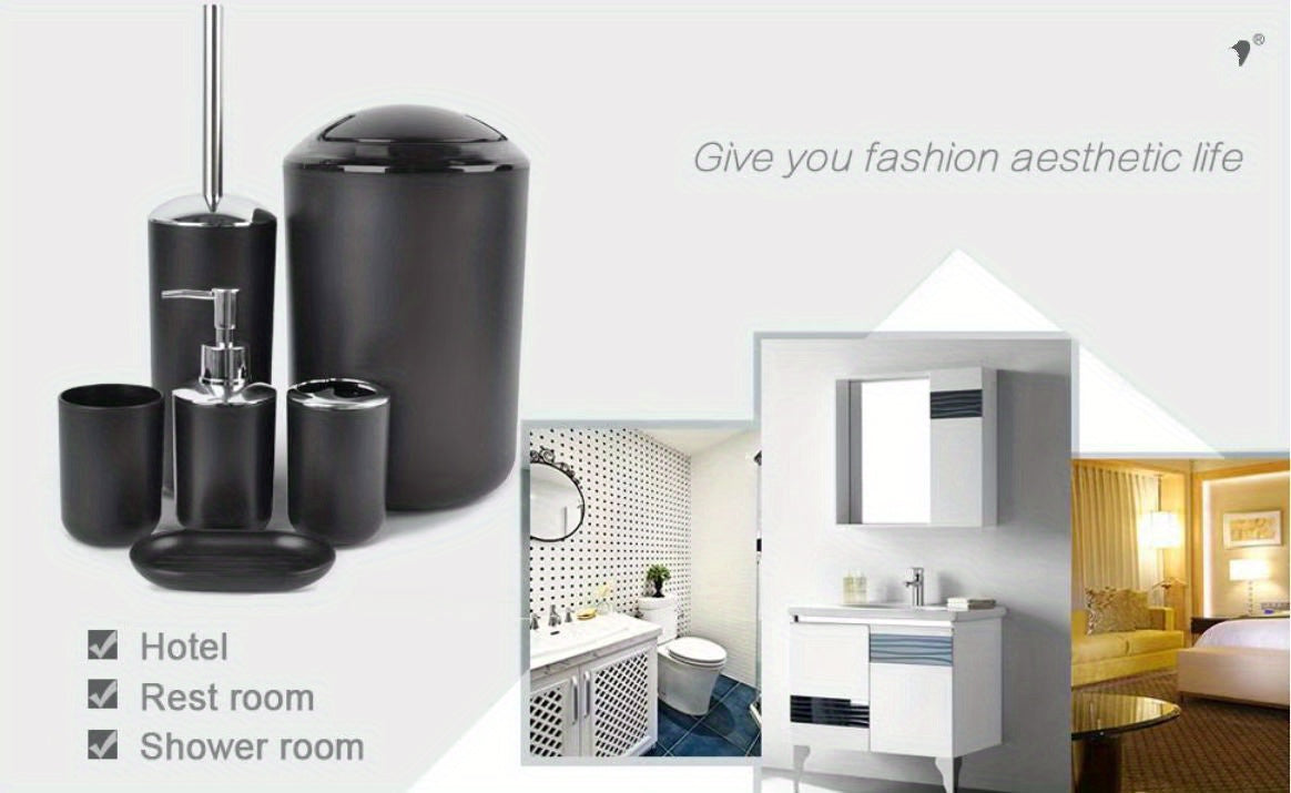 [Black Bathroom Set] 6pcs Black Bathroom Accessory Set - Plastic Soap Dispenser, Toothbrush Holder, Cup, Dish, Trash Can - No Electricity Needed, Family Gift Essentials