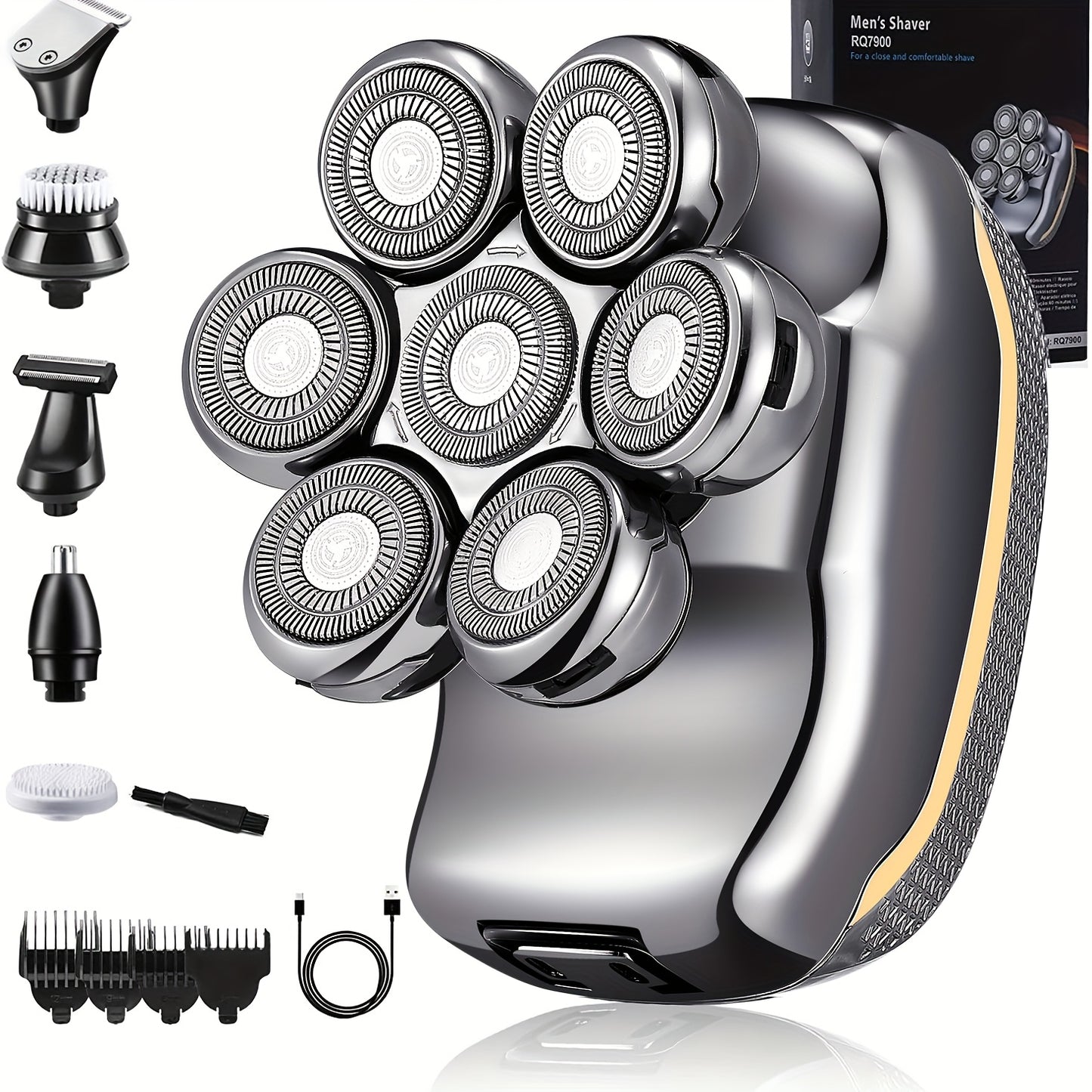 Men's Electronic Head Shaver Razor - Rechargeable Cordless Hair Shaving Razors For Bald Man 6 In 1 Wet Dry Beard Trimmer Body Hair Cutting Clipper Grooming Kit 7 Rotary Heads