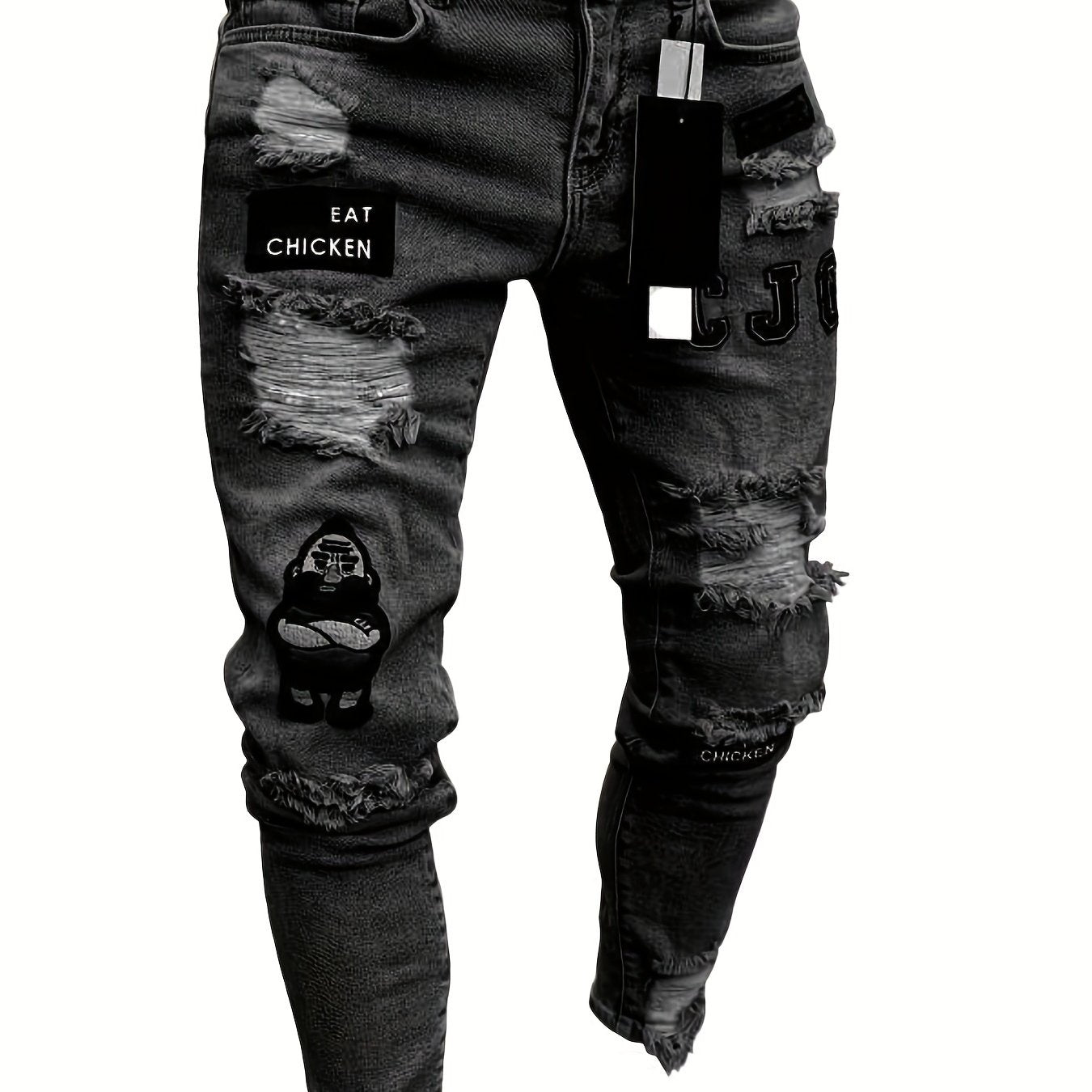 Men's Hip-Hop Style Slim Fit Stretch Denim Jeans with Distressed Details, Ripped Badge Accents - Mid-Rise, Raw Hem, Machine Washable, Grey