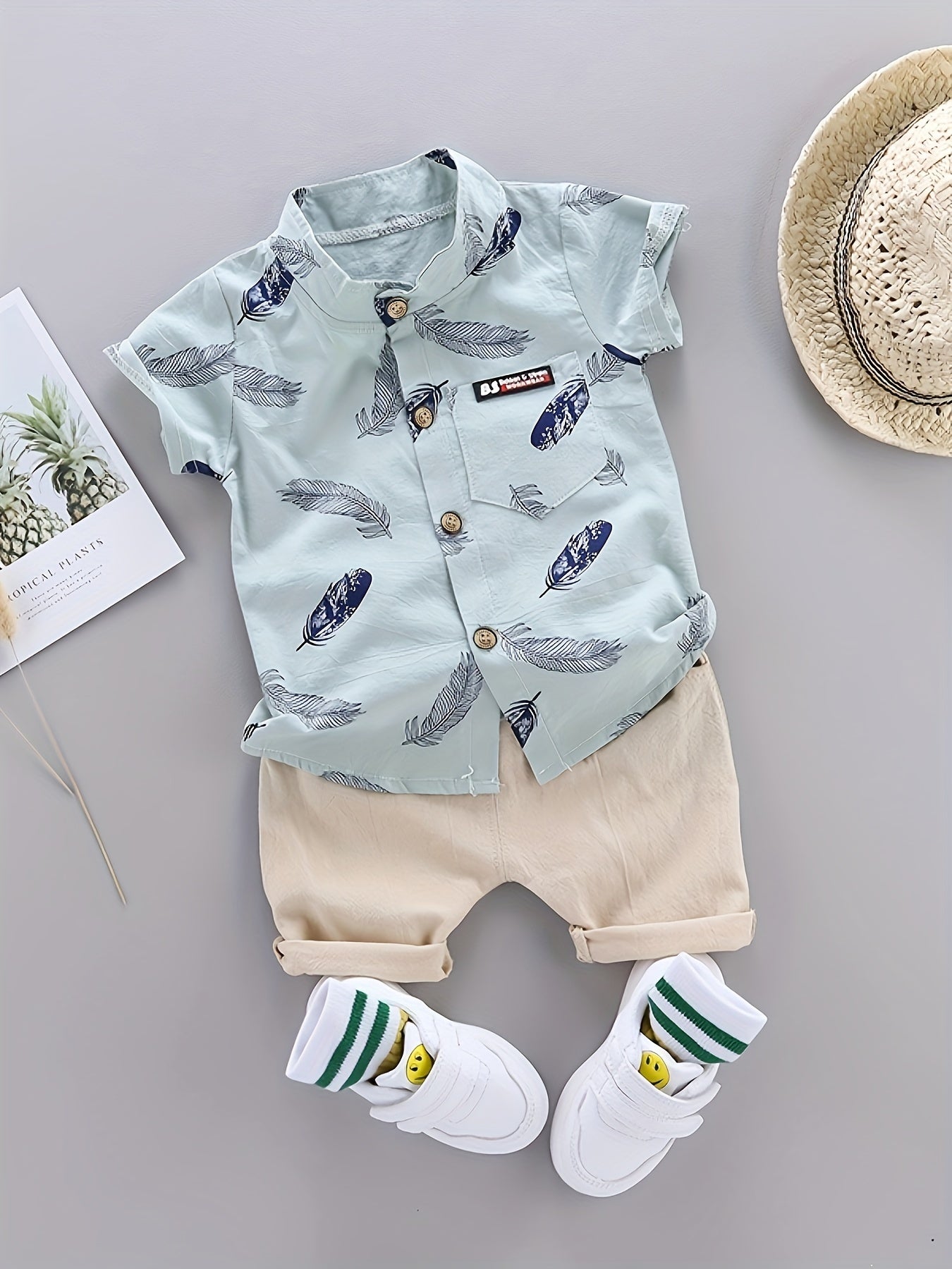 2pcs Baby Boys Casual Feather Pattern Short Sleeve Shirt & Shorts Set Clothes Outdoor Set