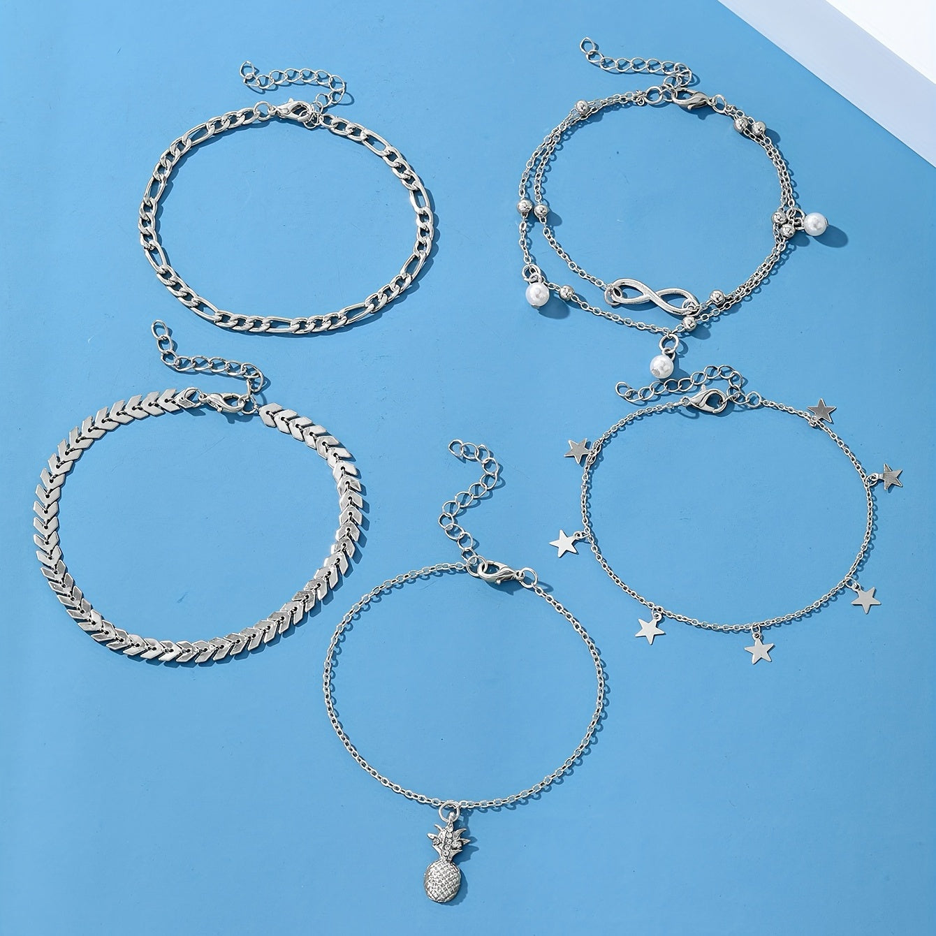 Vintage Golden Pineapple Faux Pearl Charm Anklet 5pcs/Set