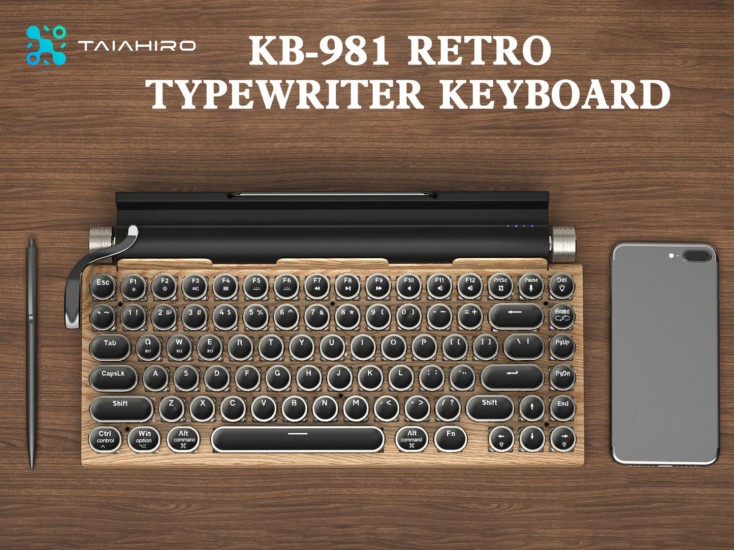 Wired & Wireless Retro Multi-Device Mechanical Typewriter, Compact 80% Layout Keyboard, Hotswappable, Wireless 5.0, Round Keycaps, LED Backlit, For Windows/IOS/Android/Linux